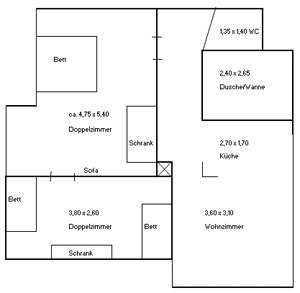 Grundriss der Orangen Wohnung in Grossansicht